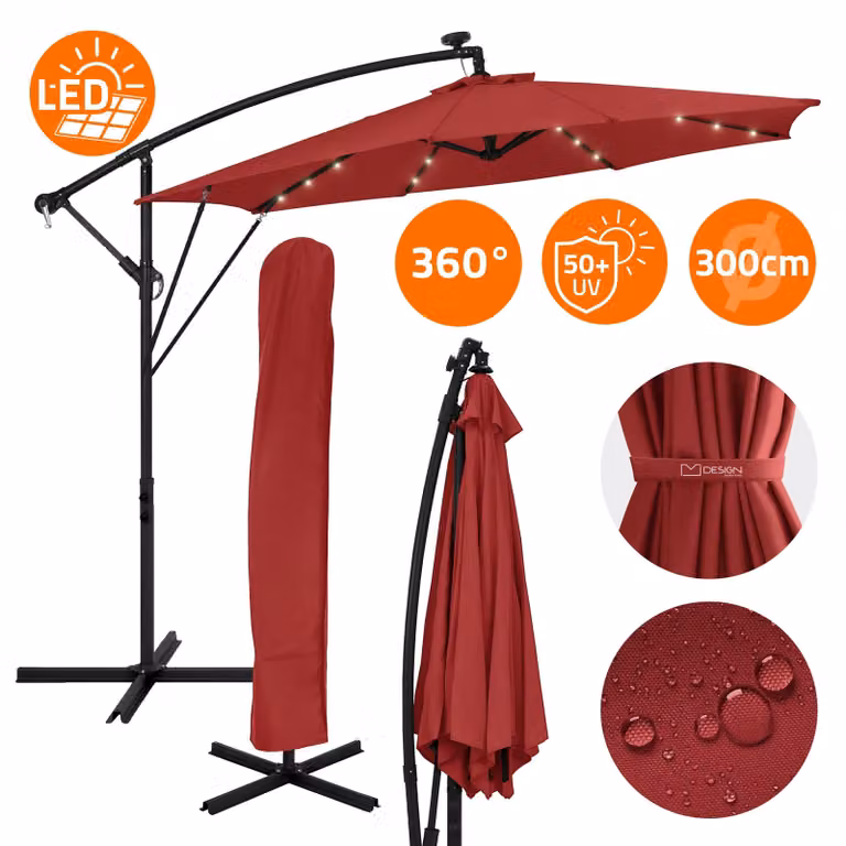 Ombrellone ML-Design Ø300cm con LED solare rosso Ombrellone in alluminio con copertura a manovella e supporto Protezione solare e idrorepellente girevole e inclinabile