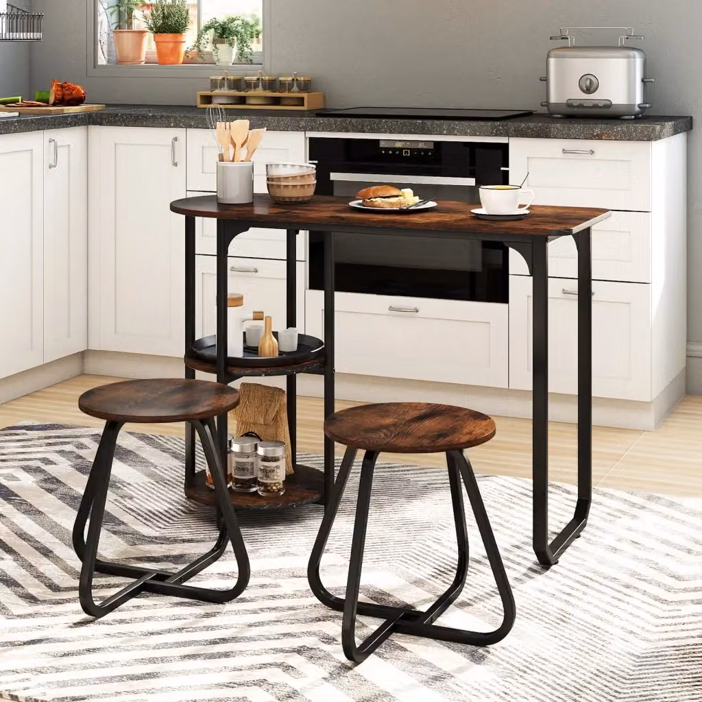 Set pranzo industriale composto da tavolo rettangolare in legno e 2 sgabelli con ripiani portaoggetti, ideale per cucina o soggiorno, Marrone e Nero – 2