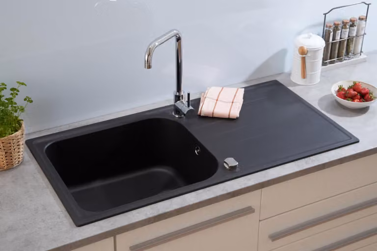 Lavello da cucina, lavello integrato, vasca in granito, 100x50 cm, nero, Respekta Orlando