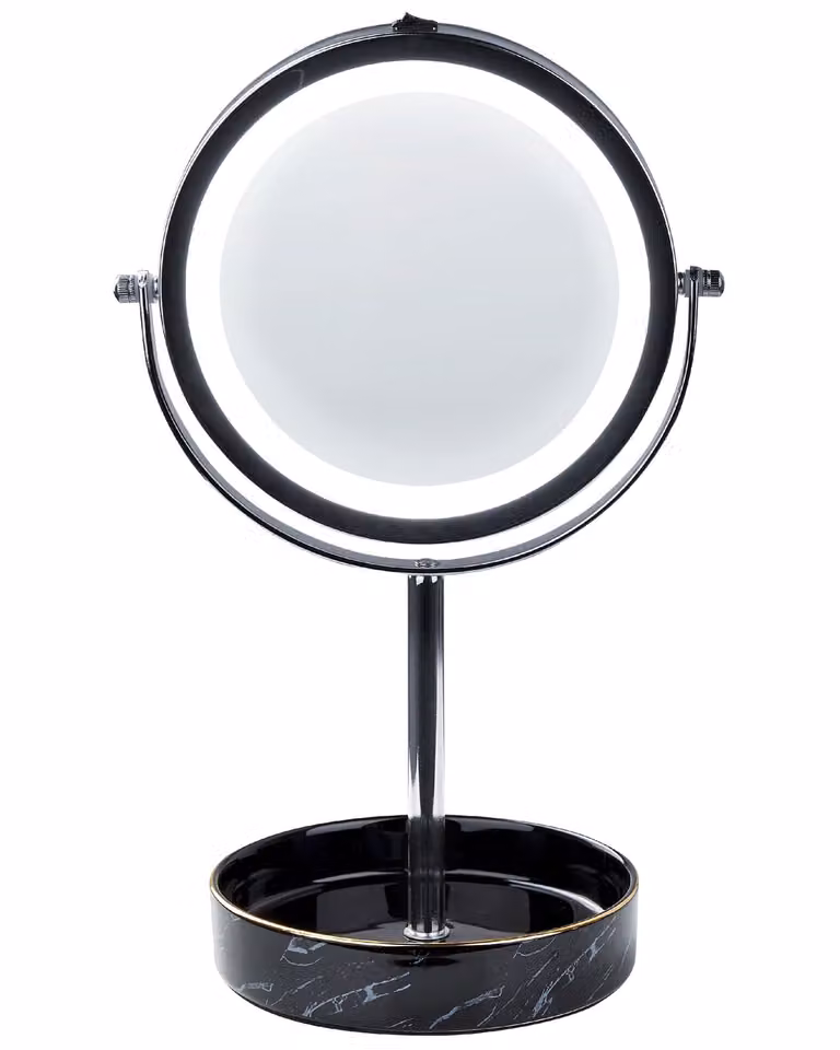 BELIANI Specchio cosmetico LED argento e nero cornice in metallo ferroso ø 20 cm supporto in Vetroceramica 1x/5x lente d'ingrandimento bifacciale