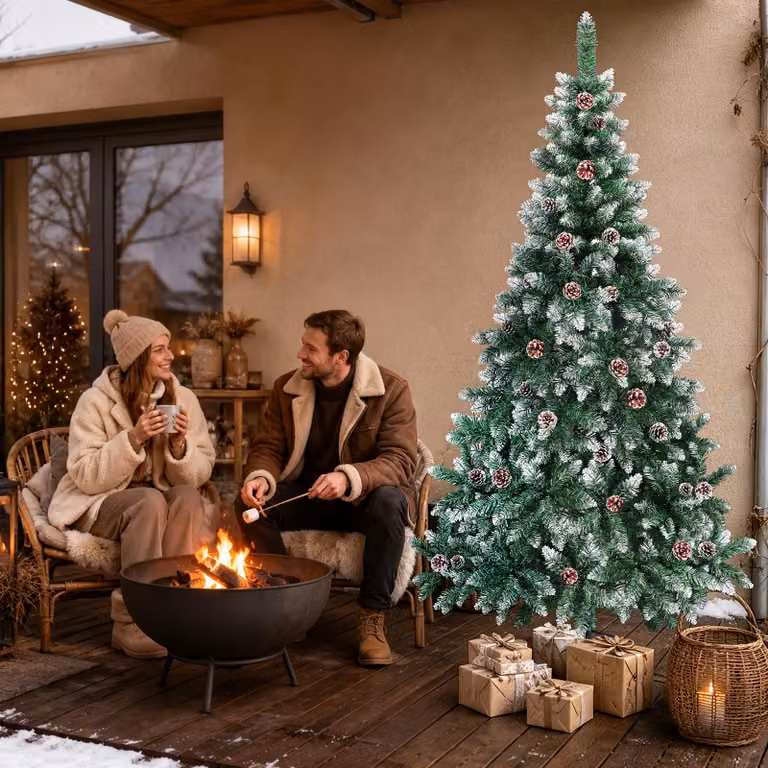 Albero di Natale artificiale Ikodm, verde, altezza 210 cm, con 35 pigne e effetto neve, 750 punte di ramo, realizzato in PVC, con supporto in metallo