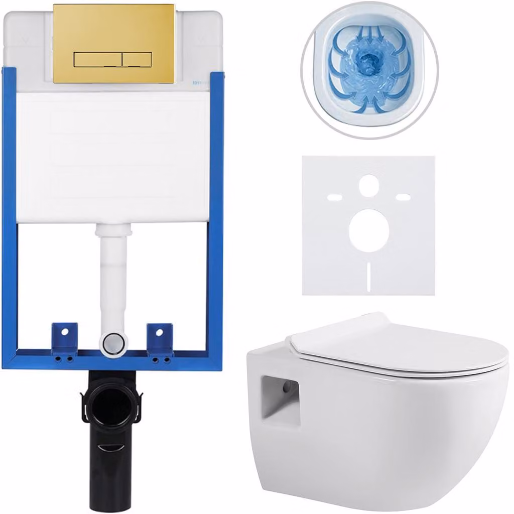 Set completo per WC sospeso Lite/Dure - bianco lucido - pulsante per WC Slim, dorato - da incasso - 51x35 cm