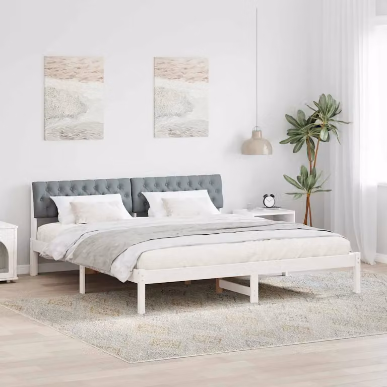 Struttura del letto moderna vidaXL in legno di pino e tessuto, Bianco e Grigio, 180 x 200 cm