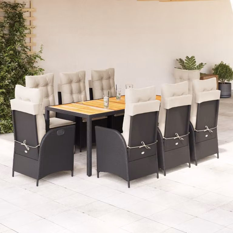 vidaXL Set da Pranzo da Giardino 9 pz in Polyrattan e Legno di Acacia con Cuscini Nero e Bianco