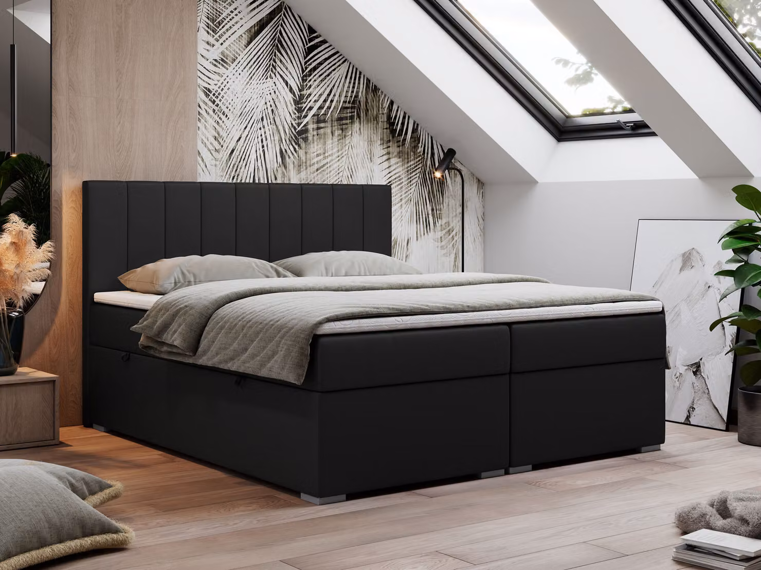 Letto boxspring 180x200, letto 180x200 con materasso e topper, letto boxspring con contenitori, letto matrimoniale - LOPE - 180x200 - Nero - Pelle finta - H3