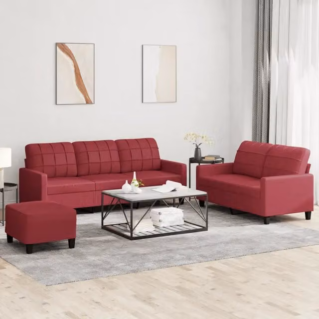 Set di divani moderno vidaXL in similpelle rosso con pouf e cuscini per soggiorno – 1