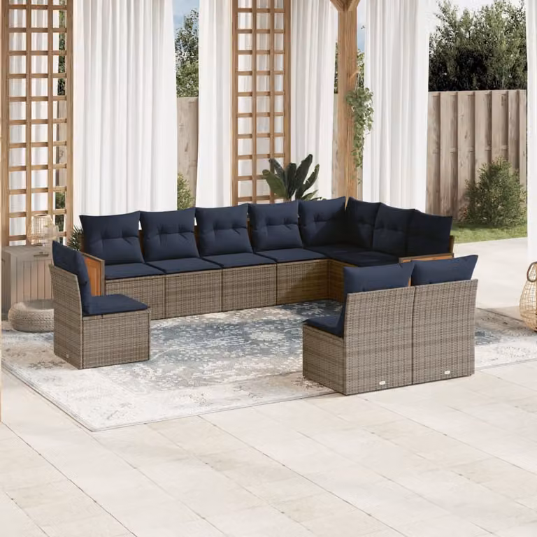 Set di divani da giardino vidaXL a forma di U composto da 10 pezzi con cuscini grigi e blu in rattan e legno di acacia con struttura in acciaio verniciato a polvere