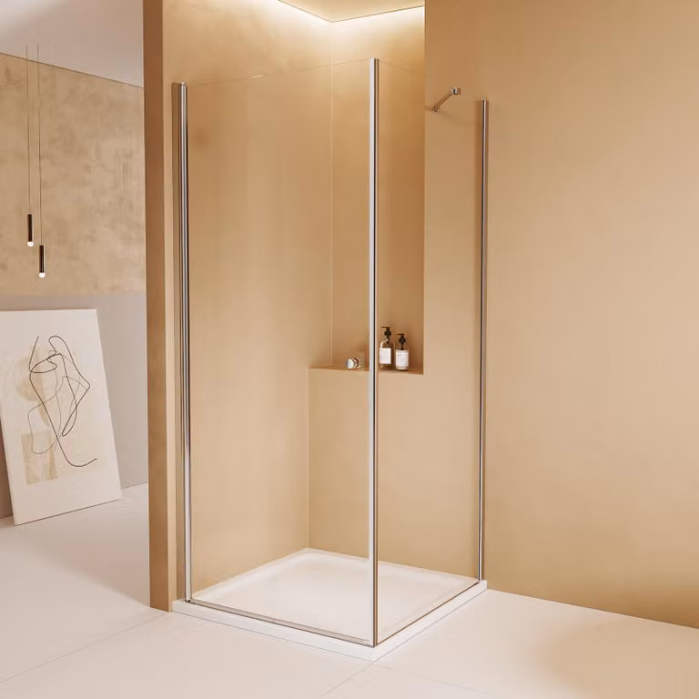 Cabina doccia EMKE 80x80 cm, altezza 185 cm, doccia angolare con porta girevole e parete laterale, vetro di sicurezza ESG da 6 mm, funzione di sollevamento/abbassamento, rivestimento nano, finitura cromata