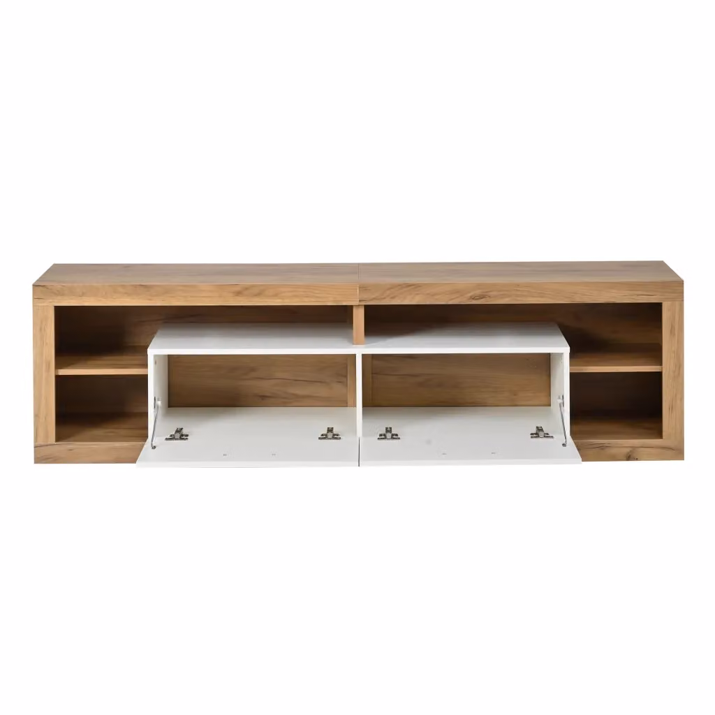 Mobile TV Minimal con illuminazione LED integrata, colore bianco e beige con finitura legno, L/P/H: 180 x 35,5 x 50 cm – 2