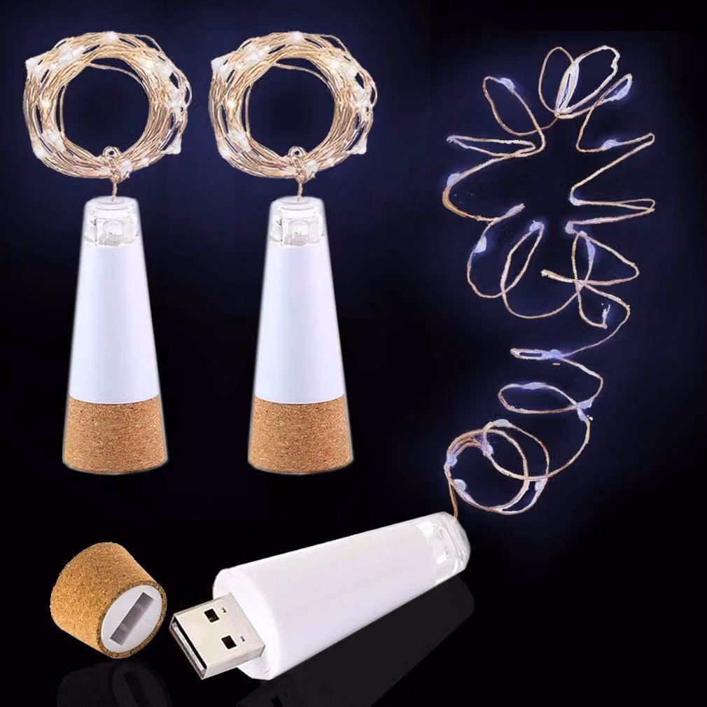 Illuminazione a LED per bottiglie, ricaricabile tramite USB, lunghezza 2 metri, 20 LED, confezione da 3 pezzi, luce bianca fredda