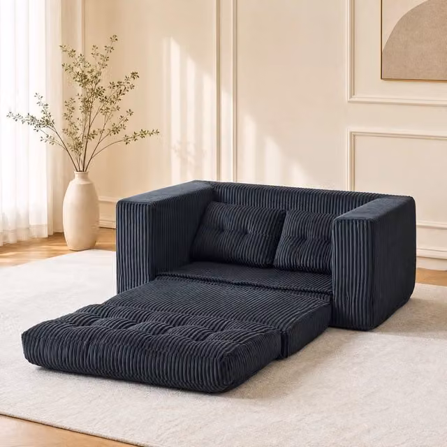 Divano letto 2 posti 140x85x54 cm nero, convertibile 2-in-1 in tessuto a coste