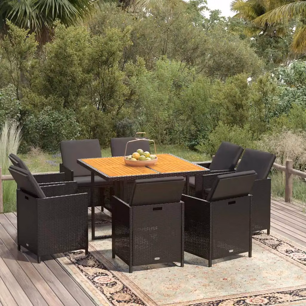 Set da pranzo da giardino vidaXL in polyrattan nero con cuscini e tavolo in legno di acacia