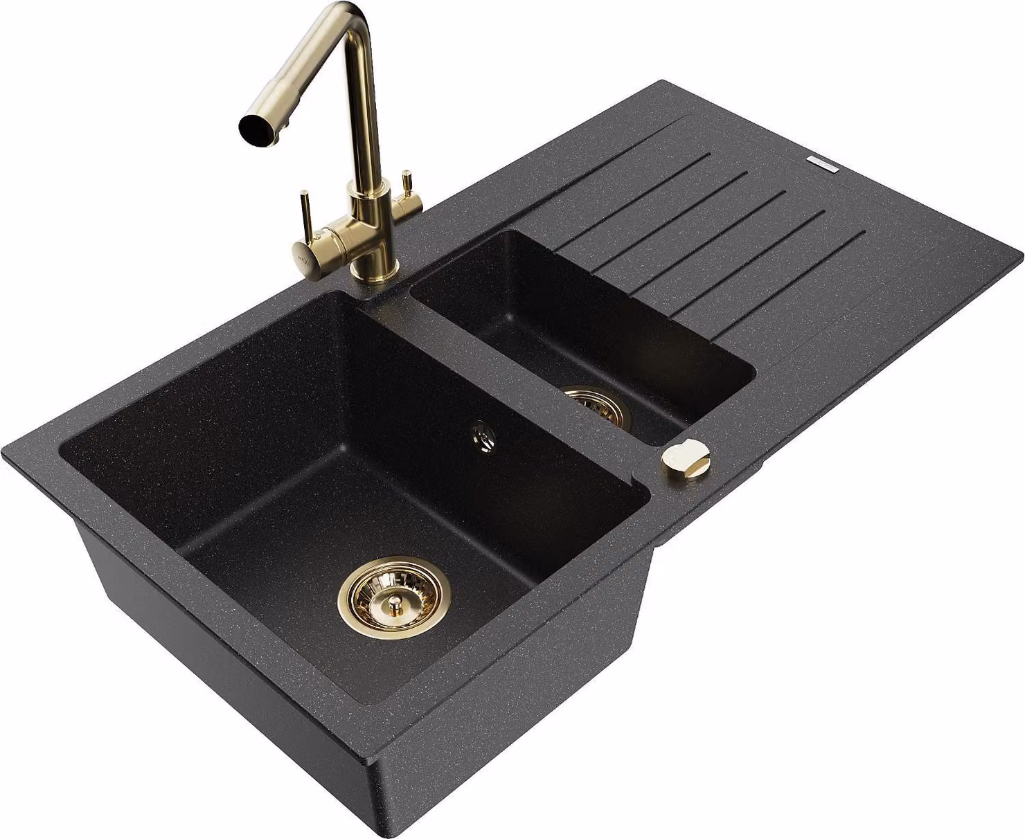 Mexen Matias lavello in granito 1,5 vasche con scolapiatti e miscelatore cucina Duero, nero/metallo argento- 6502-73-671600-50