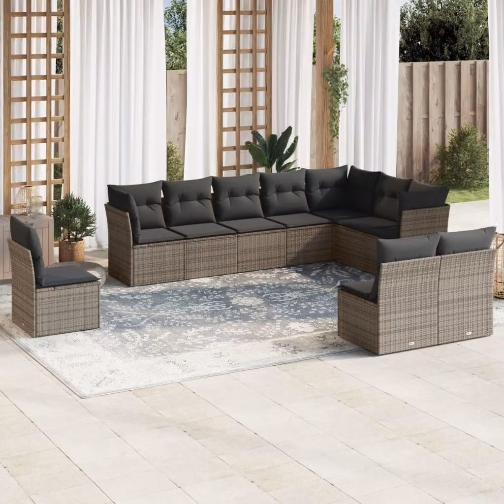 vidaXL Set Divano da Giardino 10 pz a L con Cuscini Grigio in Polyrattan – 1
