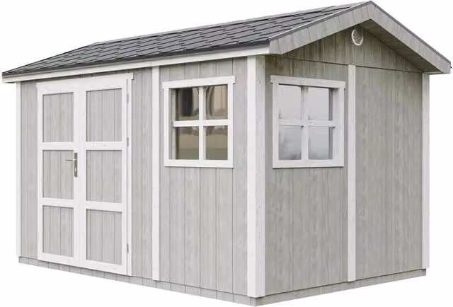 Casetta da giardino Timbela M914A Tundra Grey in legno con superficie di 8,68 m2, H 252 cm x L 412 cm x P 250 cm