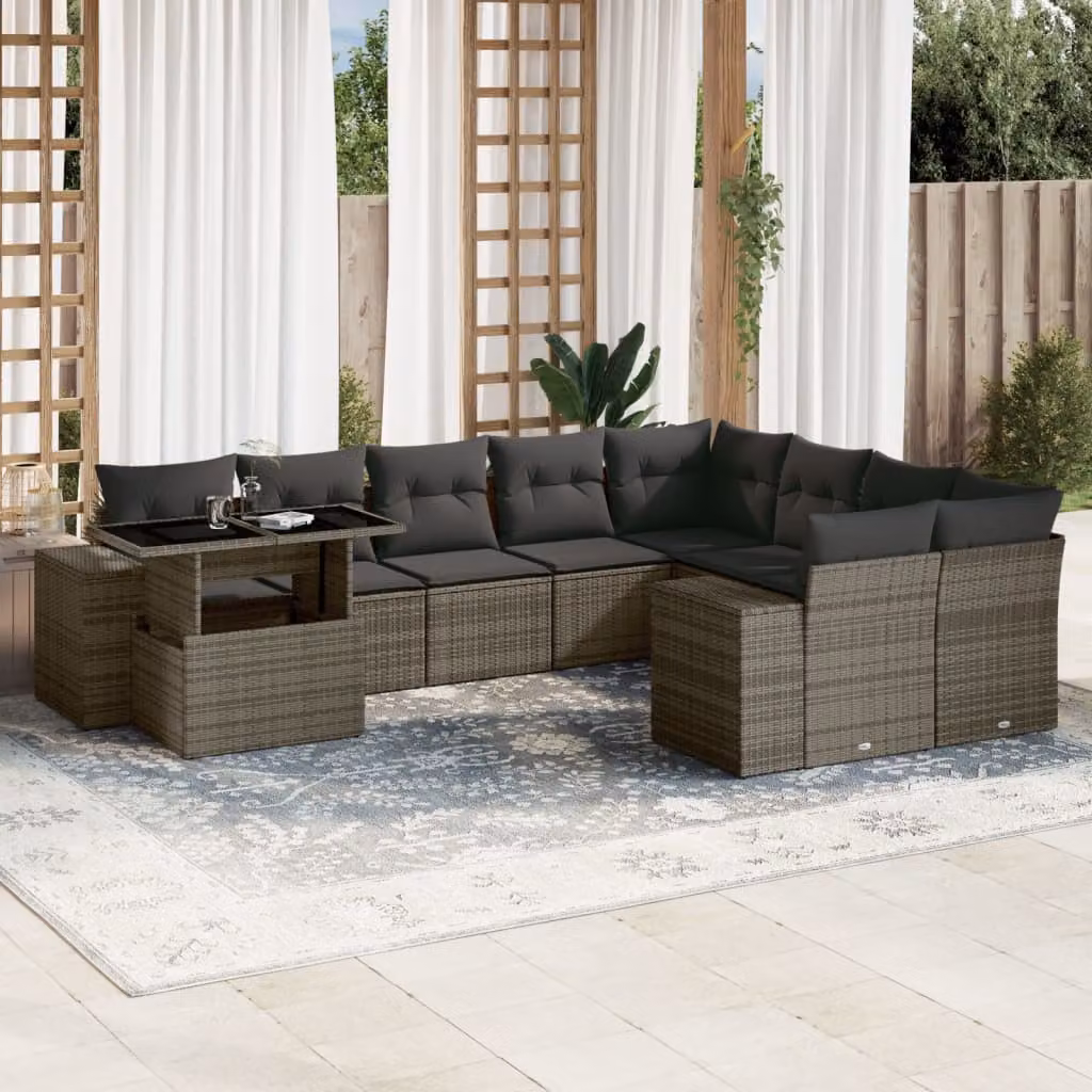 vidaXL Set Divano da Giardino 10 pz in Polyrattan Grigio con Cuscini e Tavolino – 1