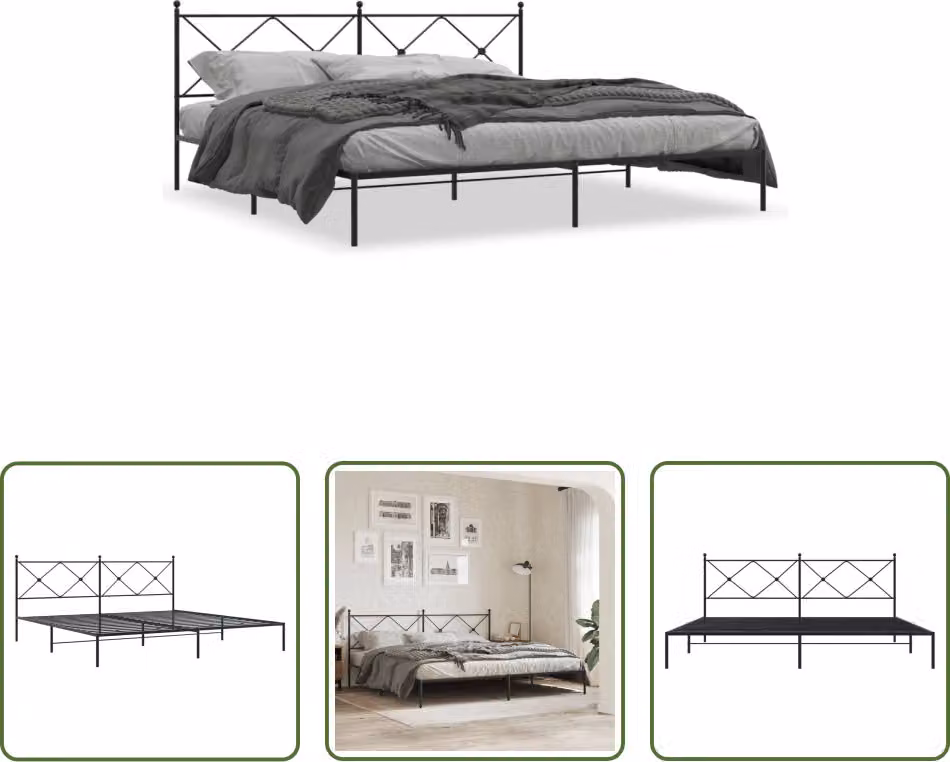 The Living Store Struttura letto con testiera in metallo nero 193x203 cm