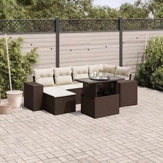 Set Divani da Giardino 7 pz con Cuscini Marrone in Polyrattan 3269313