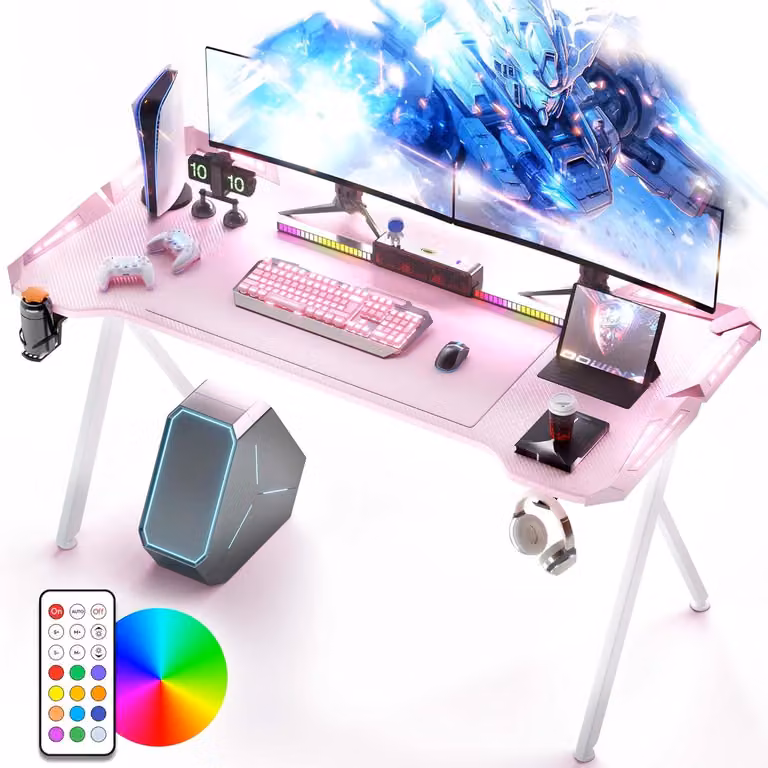 Scrivania da gaming con illuminazione RGB a LED e superficie in fibra di carbonio, color rosa