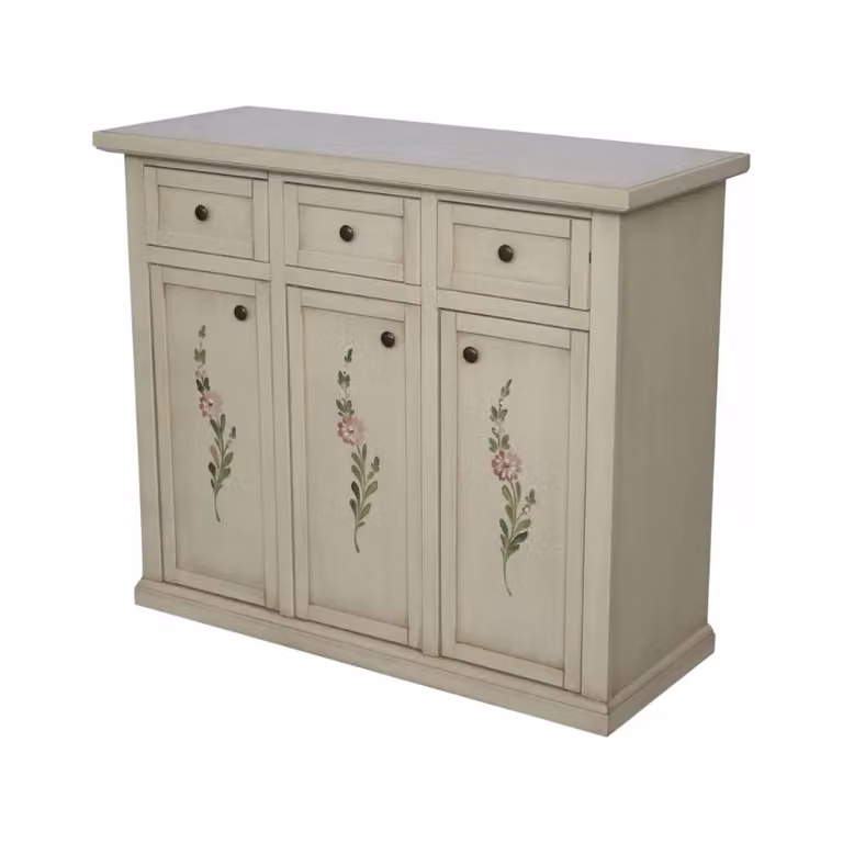 Credenza Shabby Chic Mobili 2G con 3 porte e 3 cassetti, decori floreali, colore avorio anticato, L: 100 cm, P: 39 cm, H: 85 cm