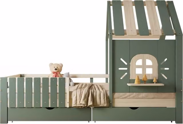 Letto per bambini Chicfurn con struttura a casetta, 2 cassetti e barriera su 4 lati, colore verde, L/P/H: 204 x 90 x 152 cm – 1