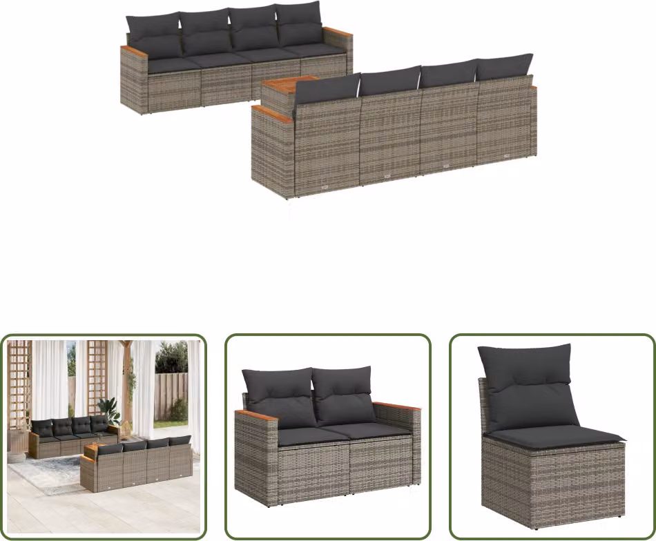 The Living Store Set di divani da giardino 9 pezzi con cuscini in poly rattan grigio