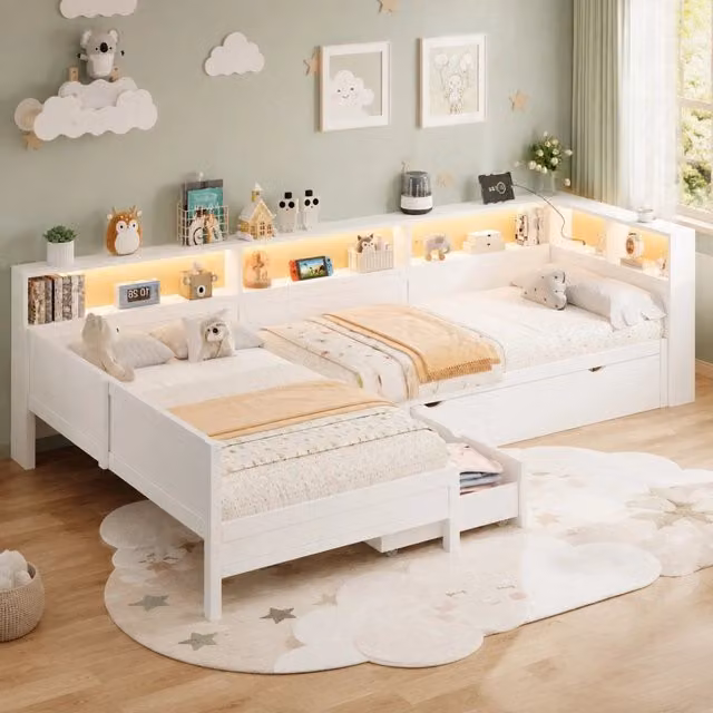 Letto piattaforma a L con letto estraibile; cassetto; 90x200 cm; MDF e compensato; bianco