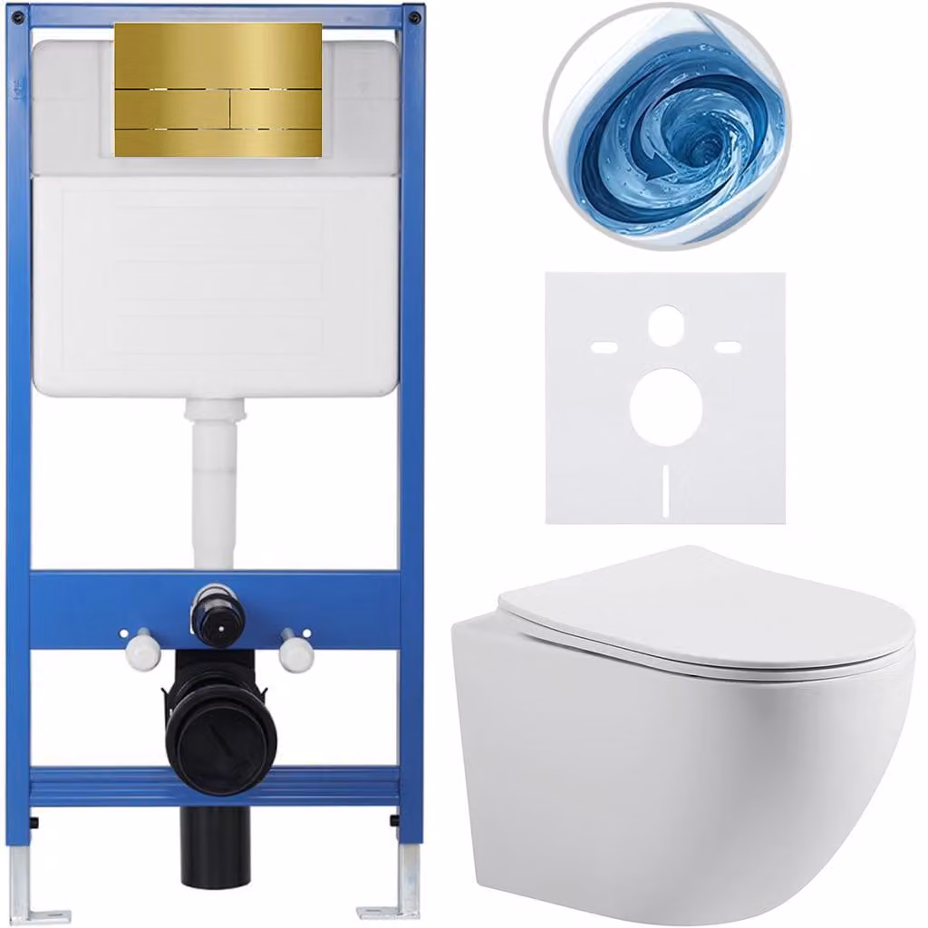 CERANO - Set completo per WC da incasso Lite/Cesso - bianco opaco - pulsante per WC Line. dorato - installazione a parete - 49x36 cm