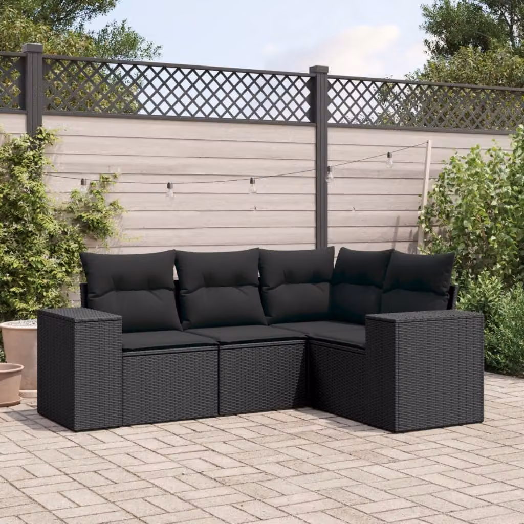 Set di divani da giardino vidaXL a forma di L composto da 4 pezzi in polyrattan nero con cuscini inclusi – 1