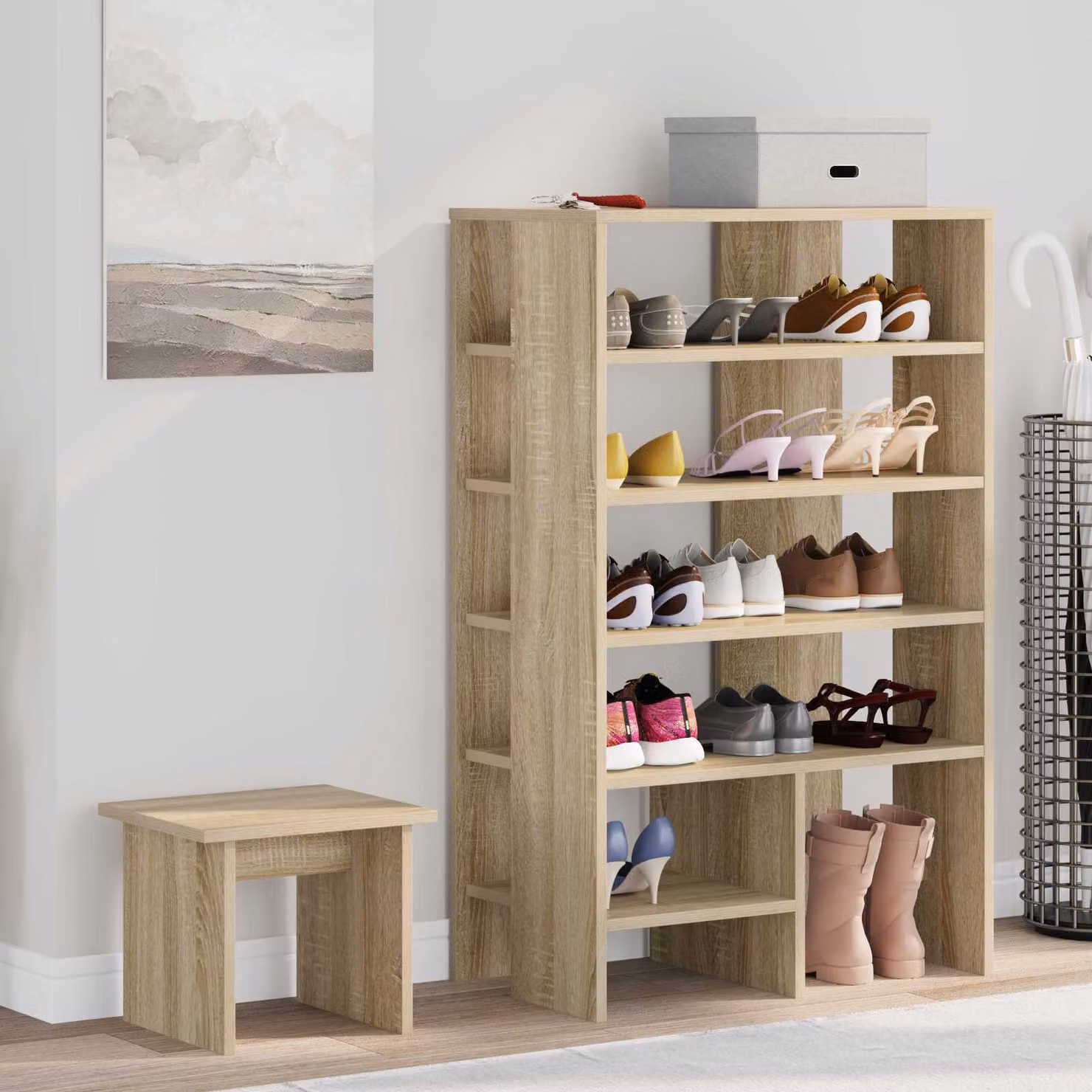 Mobile porta scarpe vidaXL con seduta integrata in legno, marrone e beige, L: 62 cm, P: 35 cm, H: 100 cm