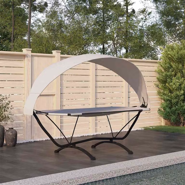 vidaXL Lettino da esterno con tettuccio beige in acciaio verniciato a polvere e tessuto Oxford