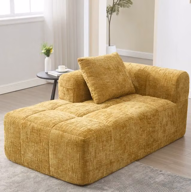 Divano chaise longue 158x90x60 cm con tasche laterali e cuscino in chenille giallo