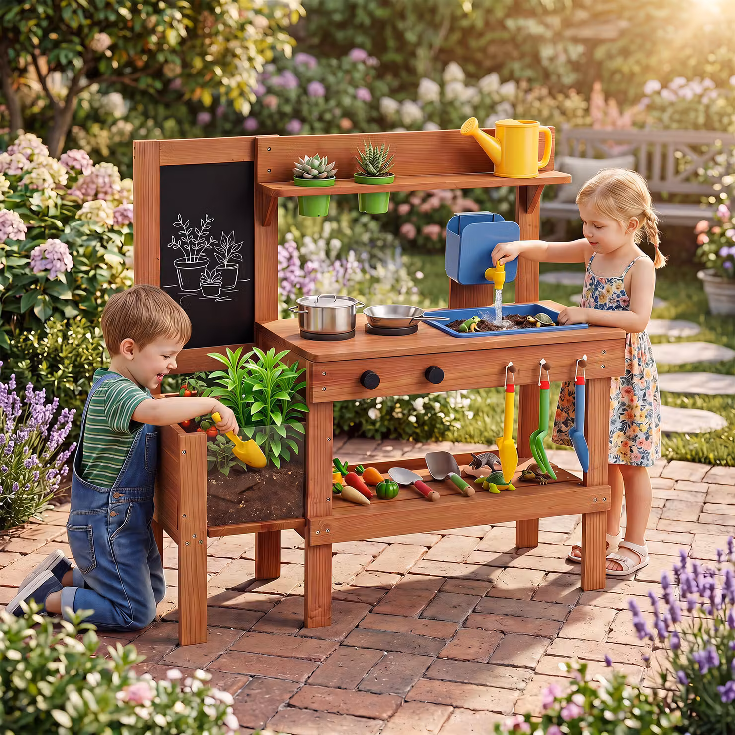 Cucina giocattolo in legno Costway con accessori da giardinaggio per bambini dai 3 anni in su, marrone e multicolore