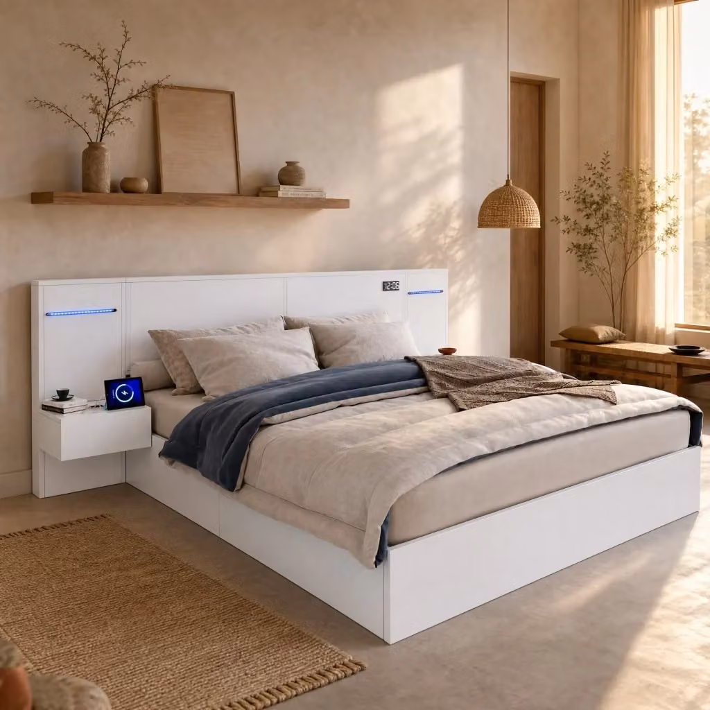 Letto matrimoniale Mivray bianco con porte USB, altoparlanti Bluetooth, illuminazione LED e ripiani laterali, L/P: 160 x 200 cm – 2