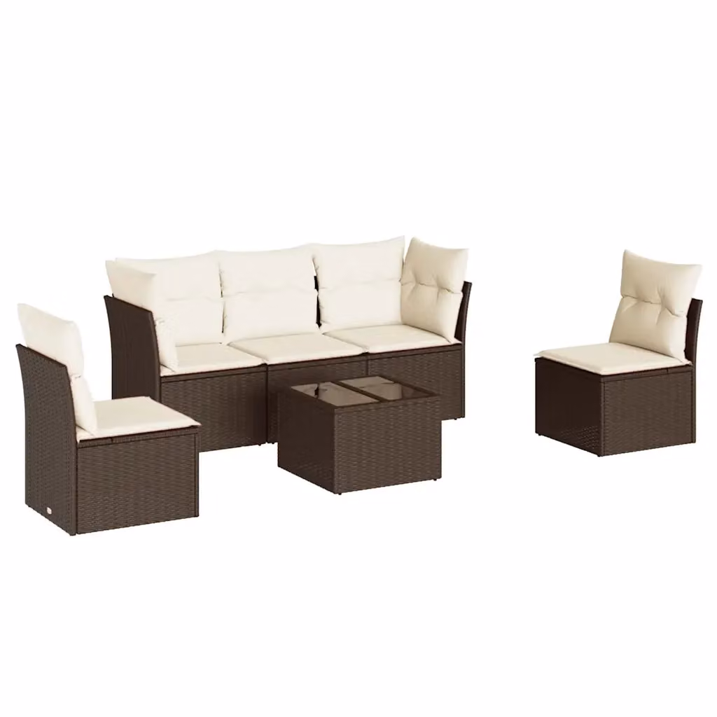 Set Divano da Giardino vidaXL 6 pz a Forma a L in Polyrattan Marrone con Cuscini Bianchi e Tavolino da Esterno – 2