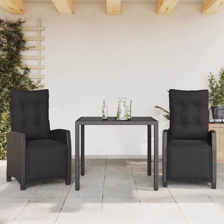 Set da pranzo da giardino vidaXL in polyrattan nero con cuscini e tavolo in vetro per terrazzo o giardino