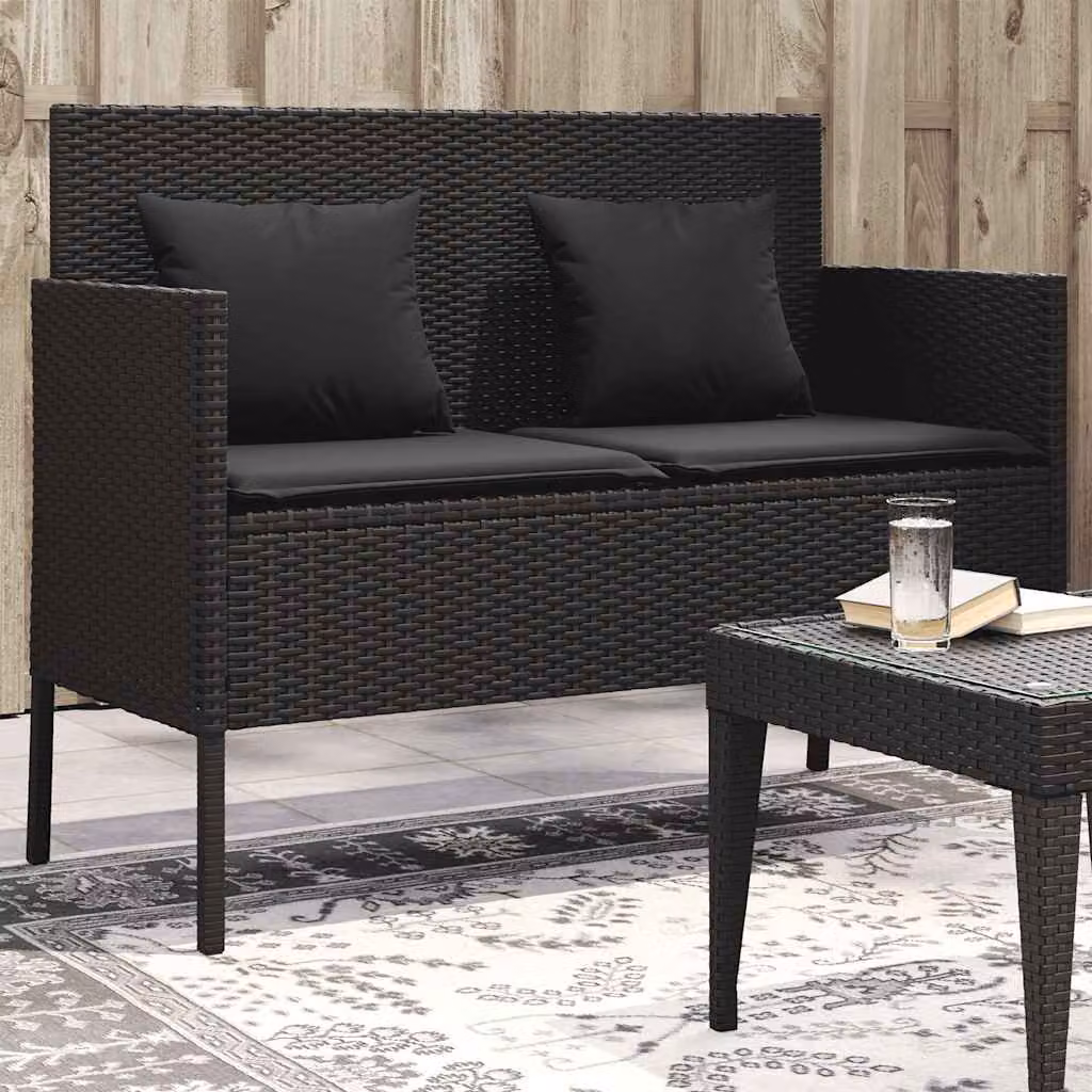 vidaXL Panca da Giardino Moderna in Polyrattan Nera con Cuscini L: 113 cm, P: 61 cm, H: 87 cm