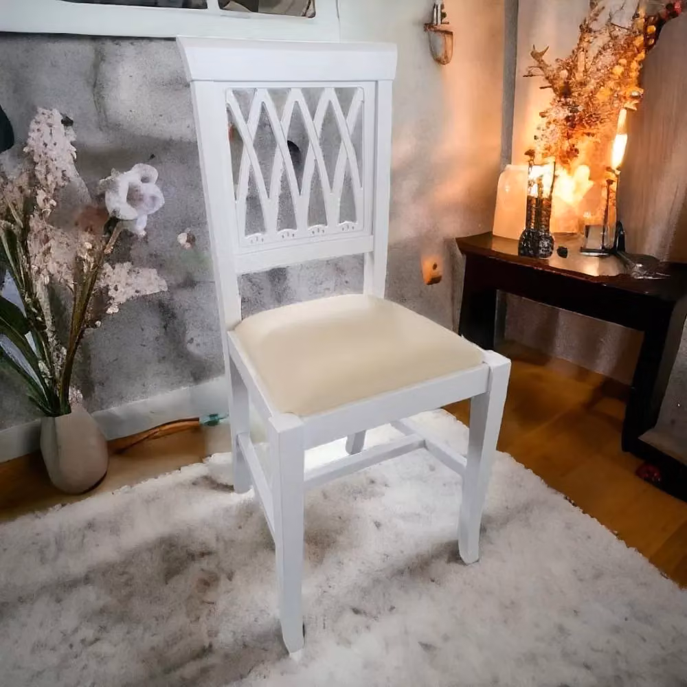 Sedia in legno stile shabby chic bianco con imbottitura beige Mobili 2G L/P/H: 44 x 46 x 96 cm – 2