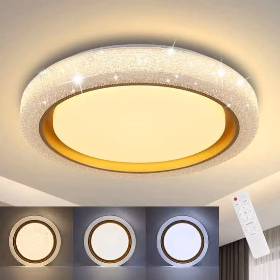 Plafoniera LED ZMH per salotto con telecomando e regolazione intensità, colore oro/ottone e bianco, design moderno e forma rotonda