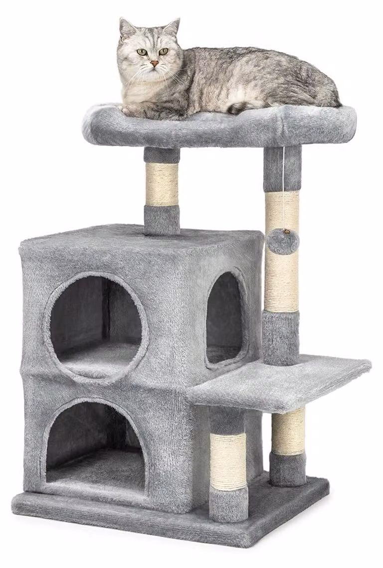 Albero per gatti, altezza 80 cm, con 2 tane, corda in sisal e rivestimento in peluche, colore grigio chiaro
