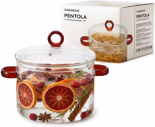 Pentola KASANOVA in vetro borosilicato trasparente con coperchio e manici rossi, capacità 2 L
