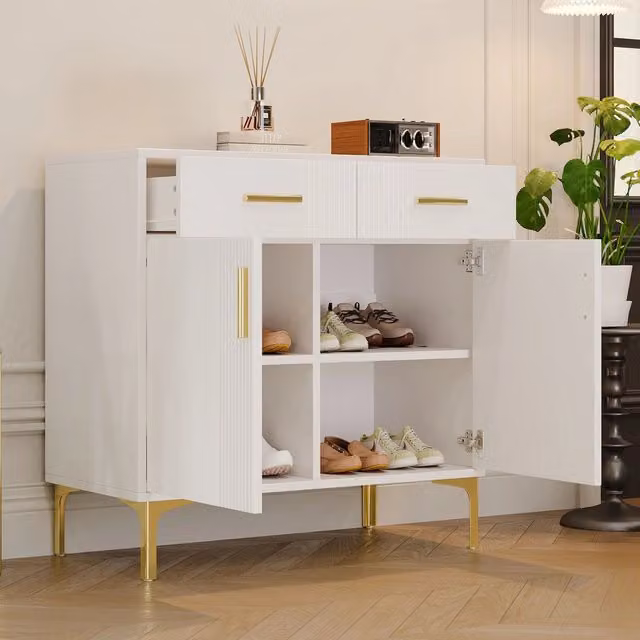 Credenza moderna WISHDOR bianca in MDF con 2 ante e 2 cassetti, L: 80 cm, P: 35 cm, H: 79,5 cm