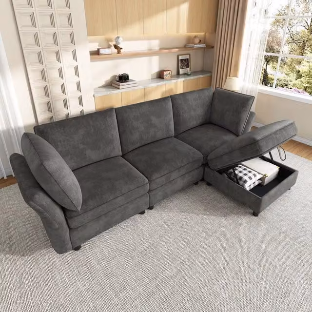Divano 4 posti angolare con poggiapiedi contenitore ¨C Minimal ¨C tessuto chenille grigio imbottito con 2 cuscini braccioli