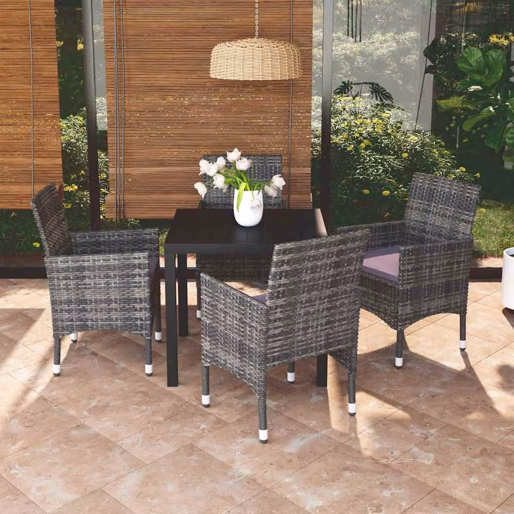 Set da pranzo per giardino e terrazzo vidaXL in polyrattan grigio e nero con 5 pezzi e cuscini
