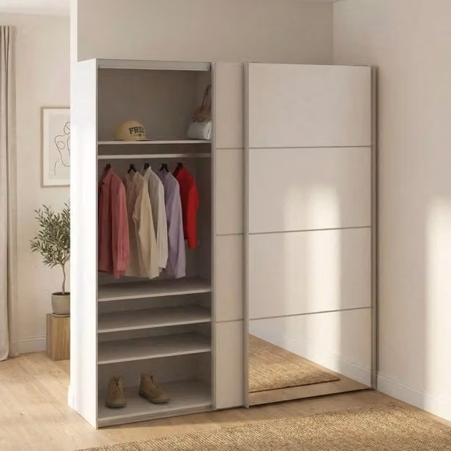 Armadio con ante scorrevoli DMORA per camera da letto, bianco opaco, L: 182 cm, P: 64 cm, H: 201,5 cm