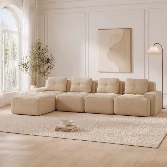 Divano modulare in velluto a coste beige 382x177x69 cm; seduta profonda 74 cm; senza montaggio