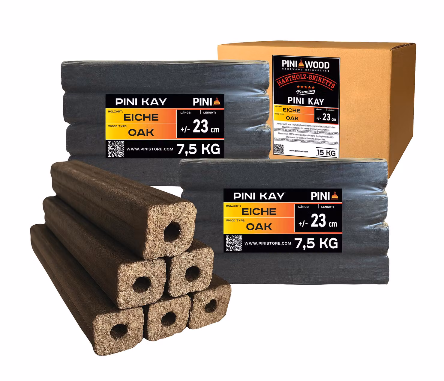PINI Kay bricchetti di legno di quercia lunghi 23 cm quadrati con foro di estrazione 15 kg bricchetti di legno duro legna da ardere bricchetti di legno di quercia caminetto stufa camino barbecue