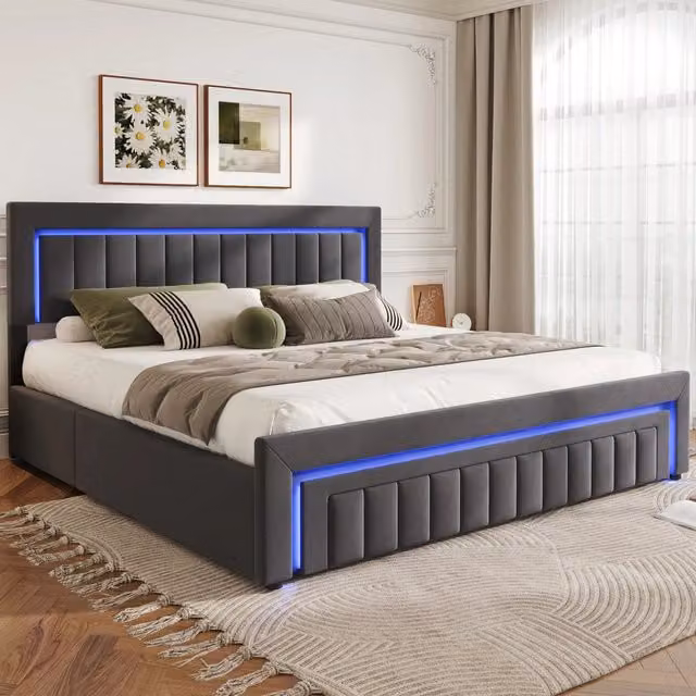 Letto matrimoniale imbottito 160 × 200 con luci LED e cassetti; letto in velluto con contenitore e rete a doghe; senza materasso; grigio scuro