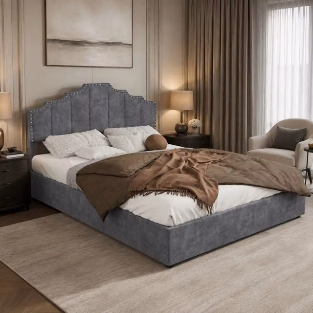 Letto Mivray con testiera geometrica in velluto grigio e rete a doghe inclusa L/P/H: 140 x 200 cm