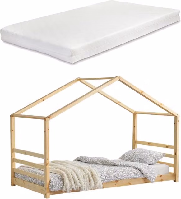 Letto a casetta Vardø en.casa per cameretta dei bambini in legno di pino naturale con materasso in schiuma 90x200 cm